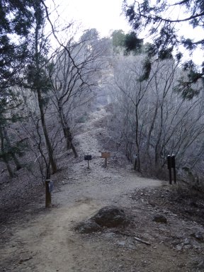 通過注意を促す看板と、伊豆ヶ岳への岩場